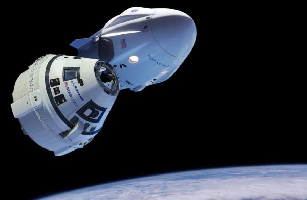 Boeing Starliner and SpaceX Crew Dragon NASA space capsules flying over Earth